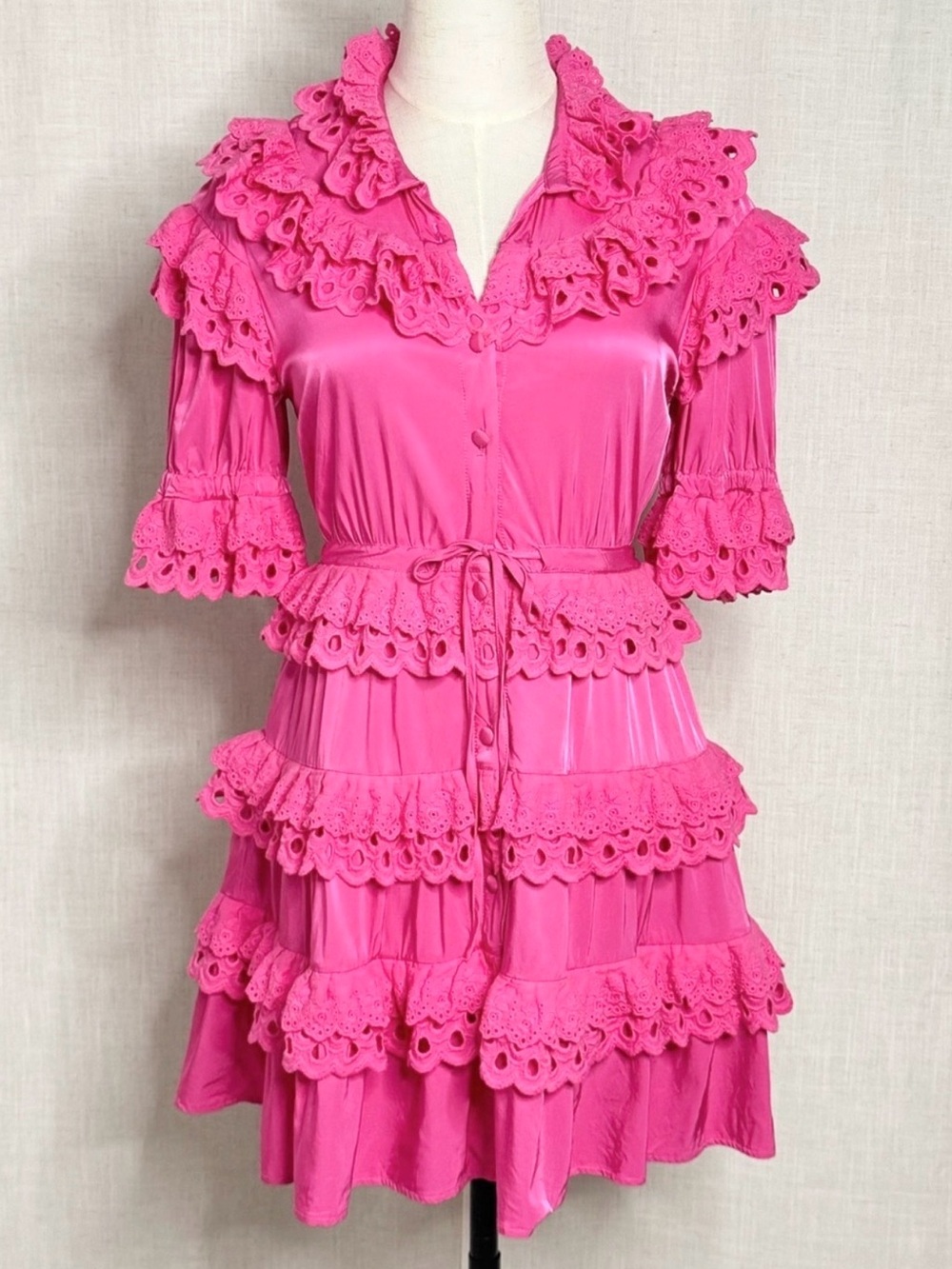 CeliaB Cherry Dress Mini Eyelet Lace Ruffle Tiered Pink Size XS